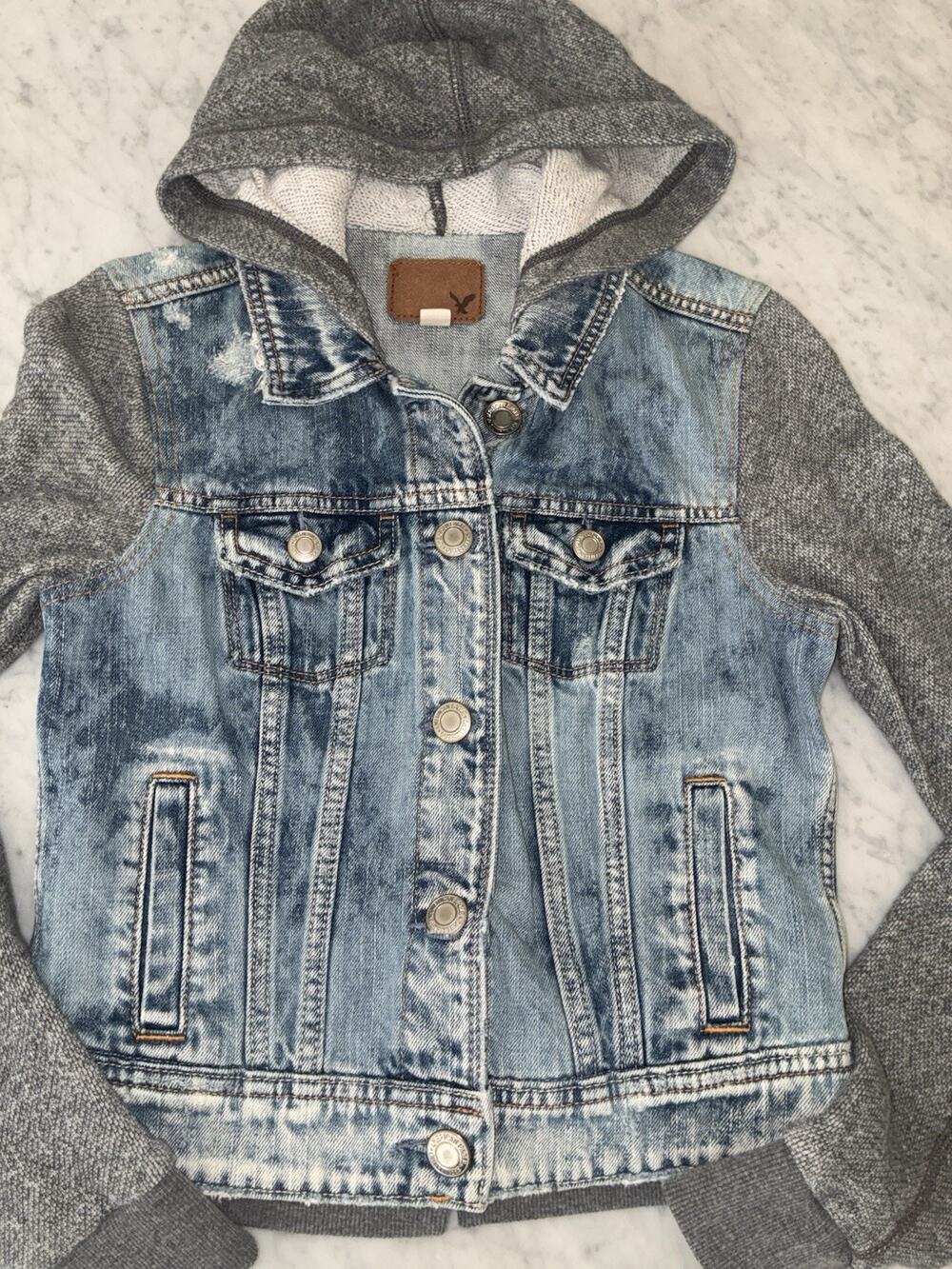 American Eagle Hoodie Sweatshirt Denim Jean Jacket XS Light Blue